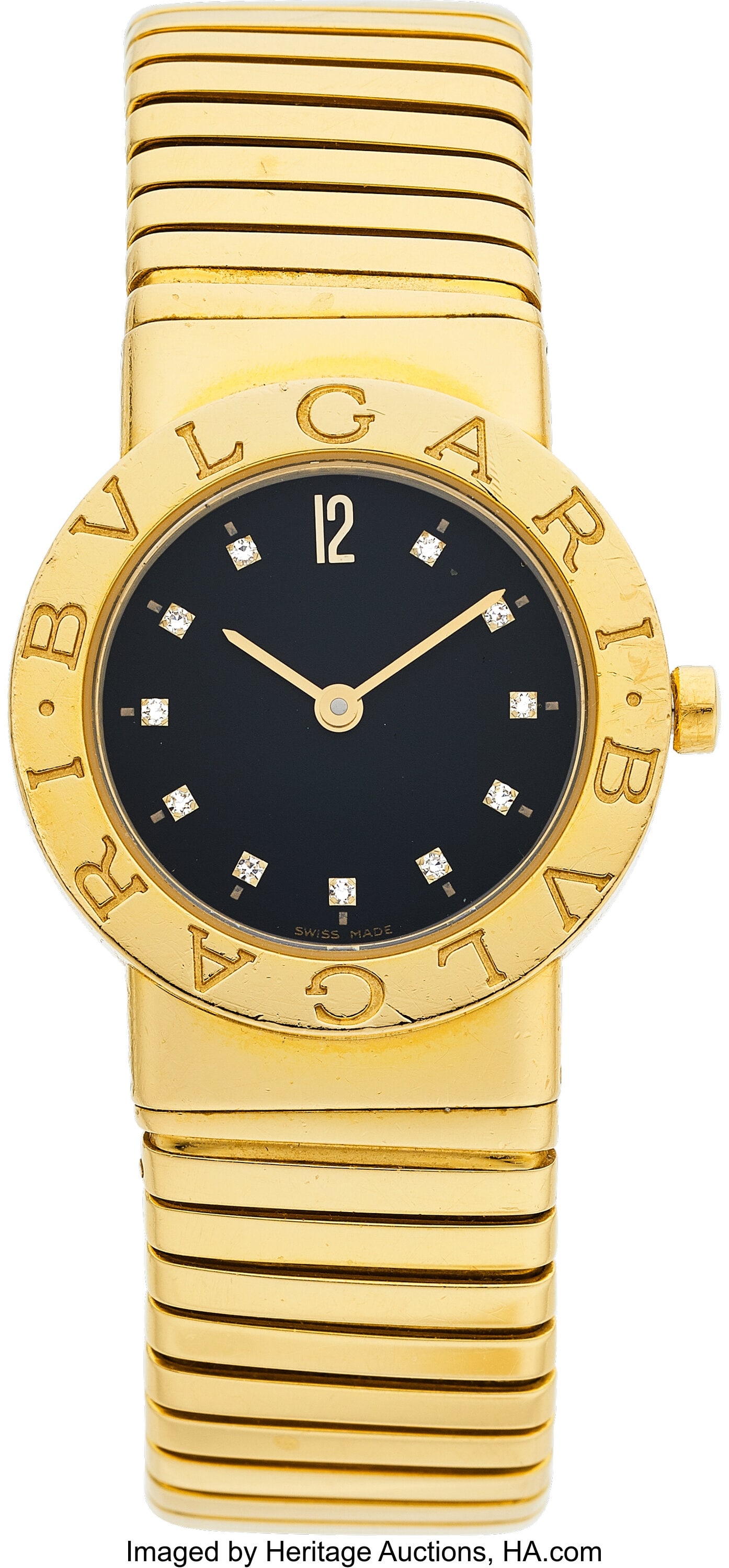 Bvlgari Diamond, Gold Tubogas Watch Case: 26 mm: Bvlgari Diamond, Gold Tubogas Watch Case: 26 mm, round, 18k gold, snapback, Bvlgari bezel, synthetic sapphire crystal, BB 26 2TG, D 283747 Dial&co
