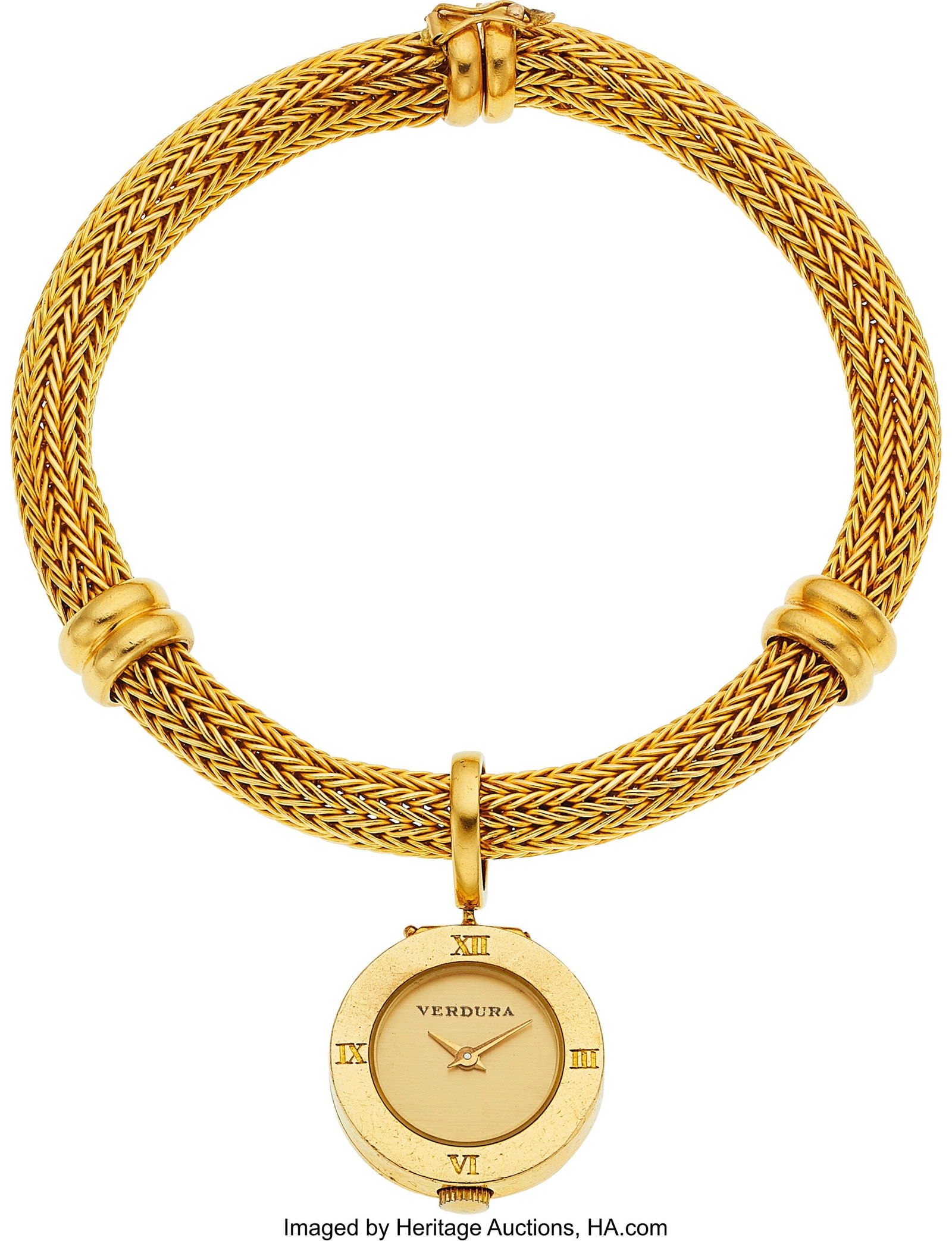 Swiss Gold Watch-Bracelet Case: 20 mm, round, 1: Swiss Gold Watch-Bracelet Case: 20 mm, round, 18k gold, snapback, Roman numerals at 3, 6, 9, and 12 o'clock Dial: Gold, gold-tone faceted Da