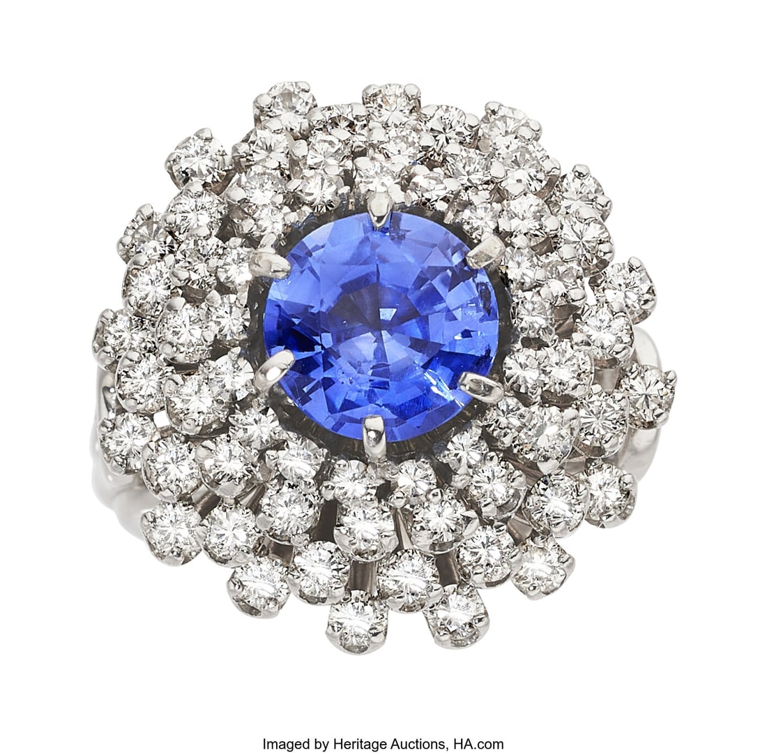 Ceylon Sapphire, Diamond, Platinum Ring Stones: Ceylon Sapphire, Diamond, Platinum Ring Stones: Round-shaped sapphire weighing approximately 1.60 carats; full and single-cut diamonds weighing a total of approximately 1