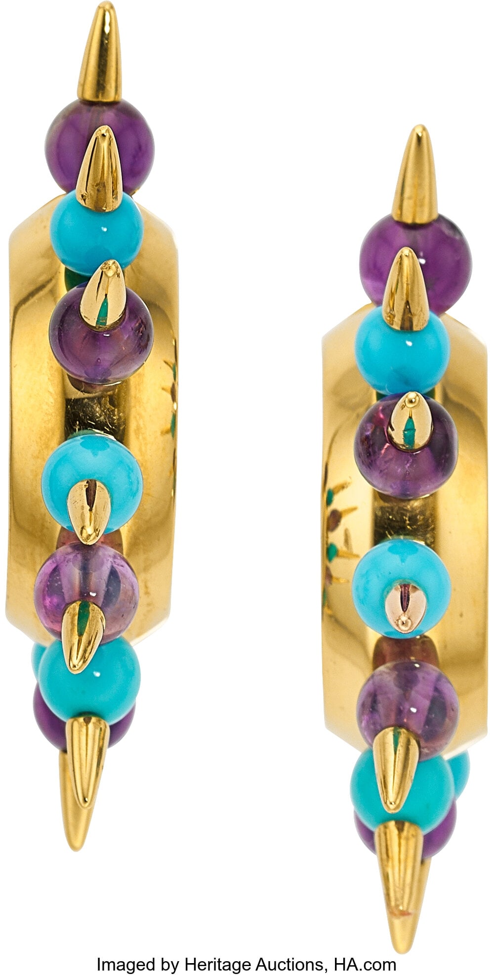 Aletto Bros. Amethyst, Turquoise, Gold Earrings: Aletto Bros. Amethyst, Turquoise, Gold Earrings Stones: Amethyst and turquoise beads Metal: 18k gold Marked: Aletto Bros. Gross Weight: 22.60 g
