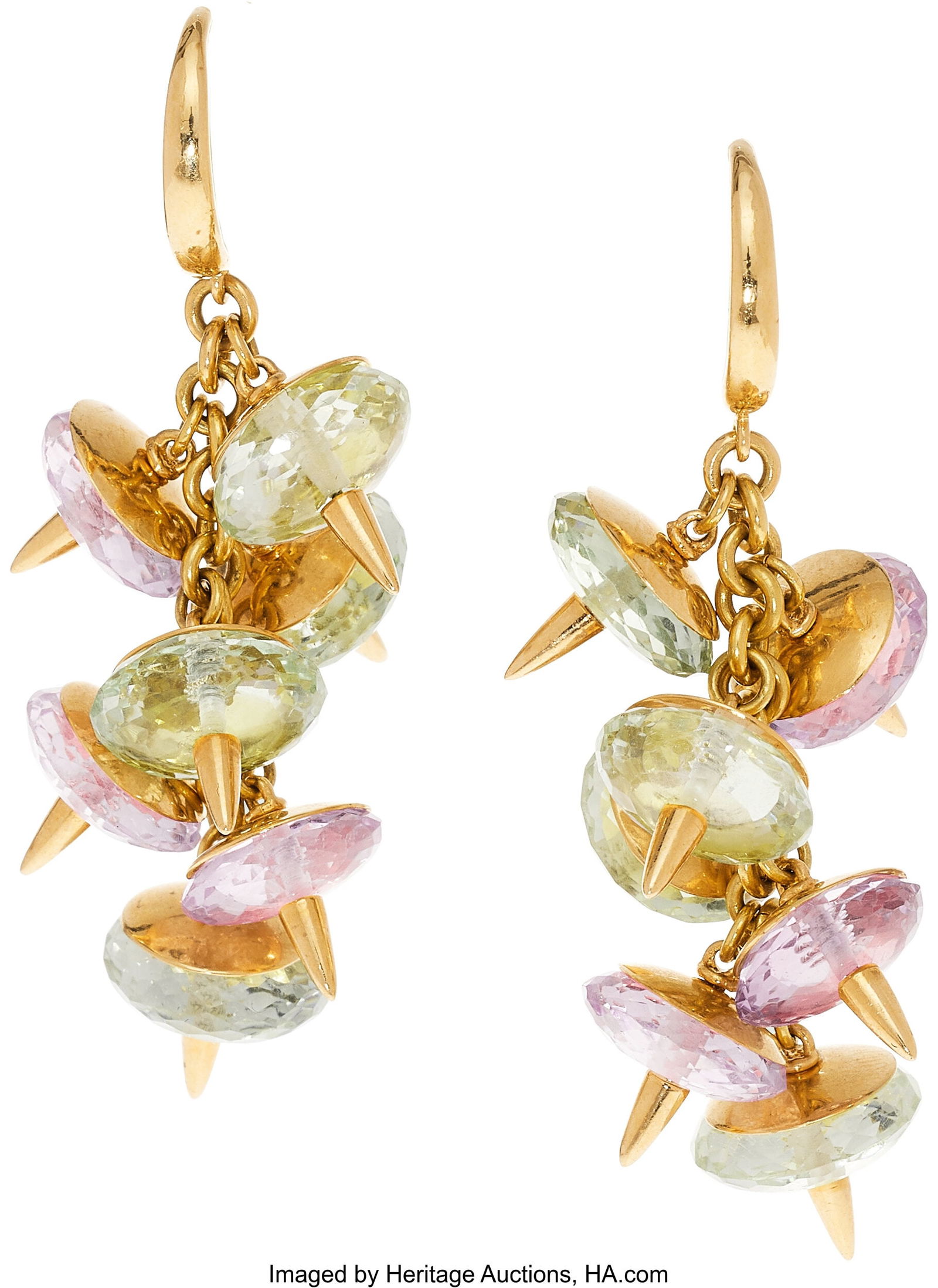Aletto Bros. Amethyst, Prasiolite, Gold Earrings: Aletto Bros. Amethyst, Prasiolite, Gold Earrings Stones: Faceted amethyst and prasiolite beads Metal: 18k gold Marked: Aletto Bros. Gross Weight: 23&p