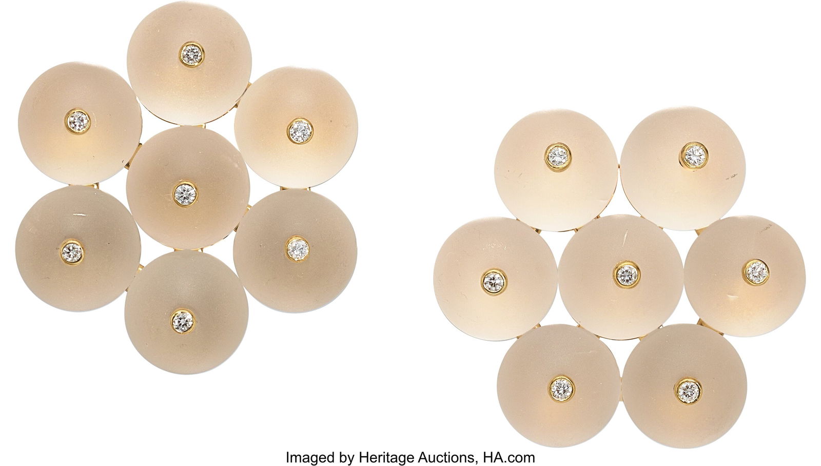 Aletto Bros. Rock Crystal Quartz, Diamond, Gold: Aletto Bros. Rock Crystal Quartz, Diamond, Gold Earrings Stones: Frosted rock crystal quartz beads; full-cut diamonds weighing a total of 0.28 carat Metal: 1