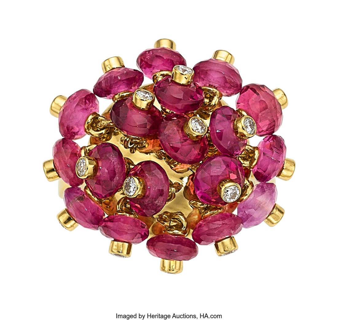 Aletto Bros. Tourmaline, Pink Sapphire, Diamond: Aletto Bros. Tourmaline, Pink Sapphire, Diamond, Gold Ring Stones: Tourmaline and pink sapphire faceted beads; full-cut diamonds weighing a total of approximately 0