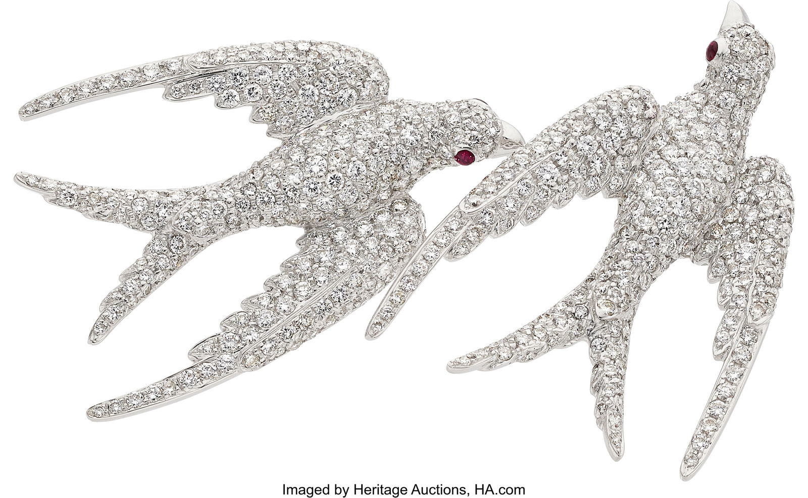 Diamond, Ruby, White Gold Brooch Stones: Full-c: Diamond, Ruby, White Gold Brooch Stones: Full-cut diamonds weighing a total of 6.20 carats; round-shaped buff-top rubies weighing a total of 0.12 carat Metal&colon