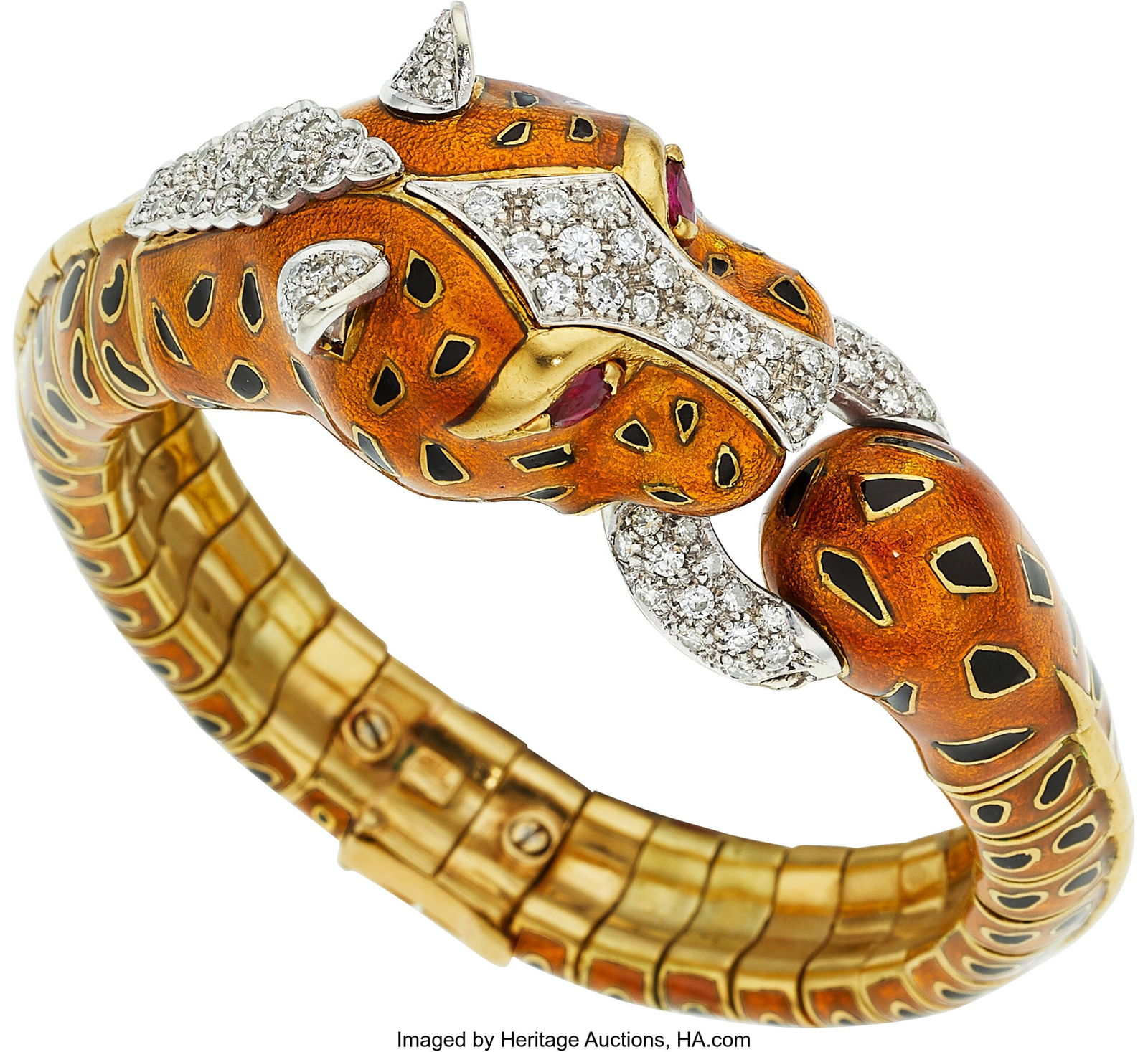 Diamond, Ruby, Enamel, Gold Bracelet Stones: Fu: Diamond, Ruby, Enamel, Gold Bracelet Stones: Full and single-cut diamonds weighing a total of approximately 3.60 carats; pear-shaped rubies weighing a total of appr