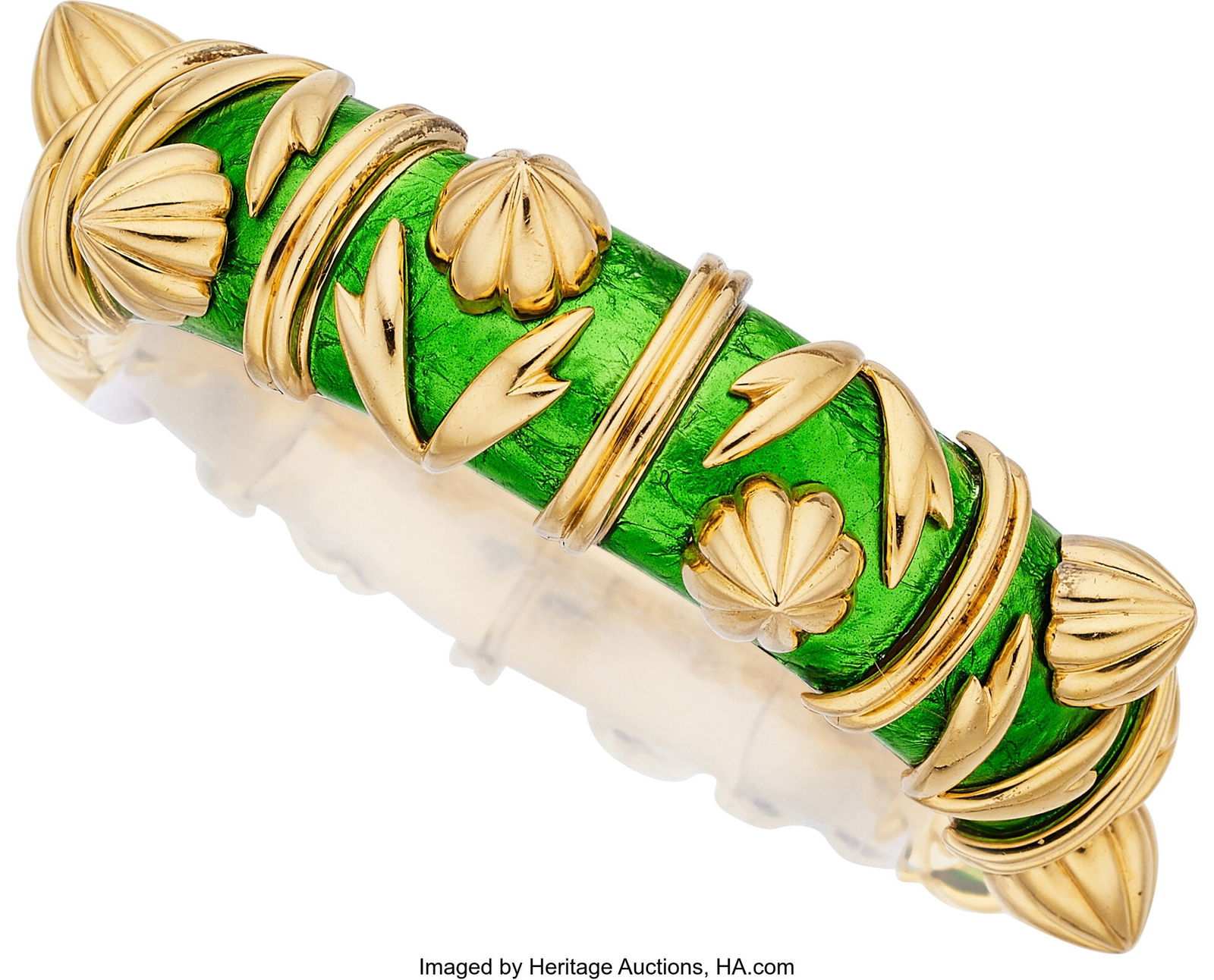 Schlumberger Enamel, Gold Bracelet, French Elem: Schlumberger Enamel, Gold Bracelet, French Element: Green paillonné enamel Metal: 18k gold Marked: Schlumberger Paris, for Roger Stoffel, and with Fren
