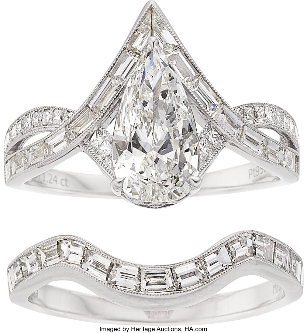 Sabrina Diamond, Platinum Ring Set Stones: Pear: Sabrina Diamond, Platinum Ring Set Stones: Pear-shaped diamond weighing 1.24 carats; square, baguette, and full-cut diamonds weighing a total of 1.30 carats