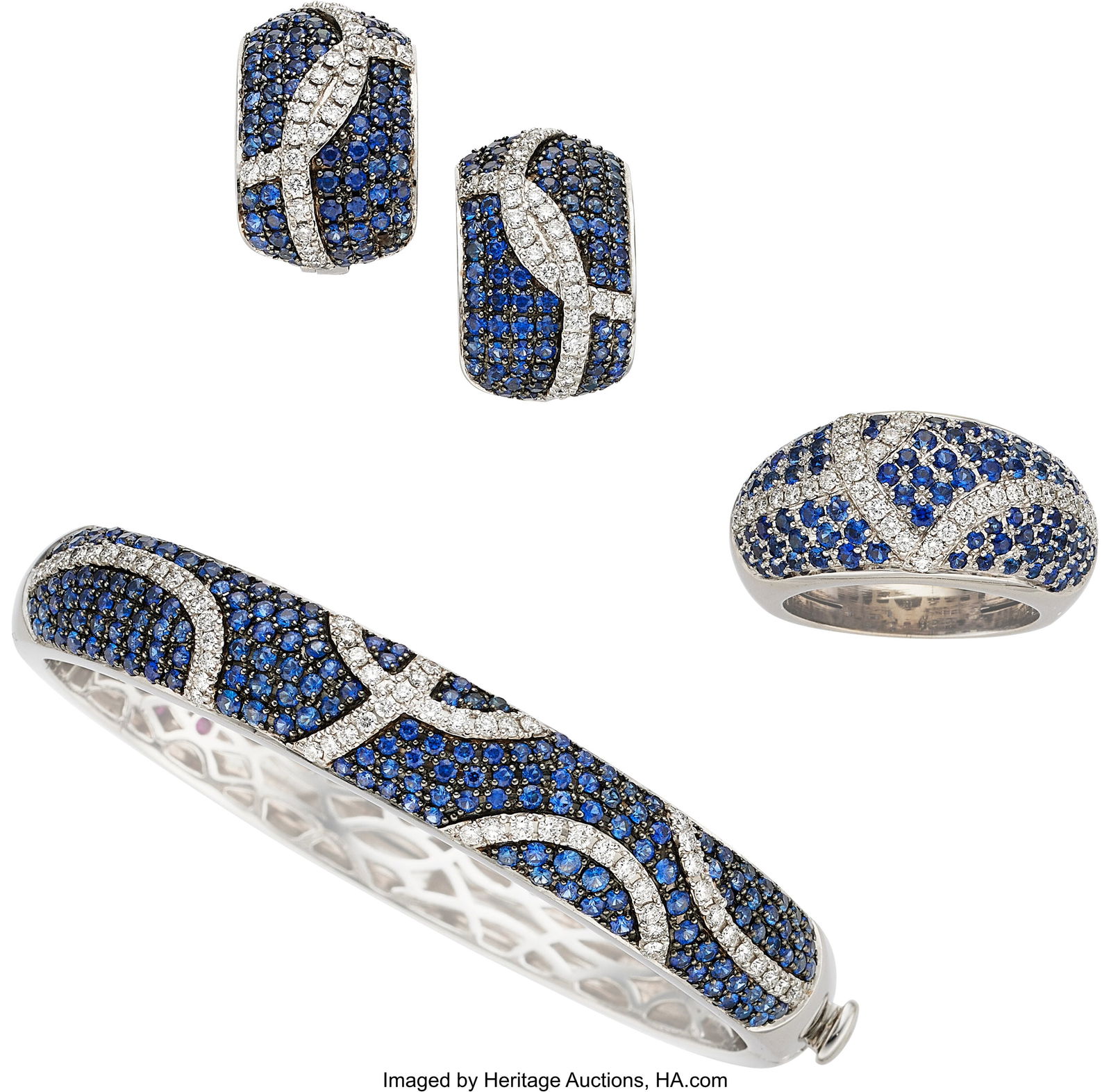 Roberto Coin Sapphire, Diamond, White Gold Jewe: Roberto Coin Sapphire, Diamond, White Gold Jewelry Suite Stones: Round-shaped sapphires weighing a total of approximately 10.50 carats; full-cut diamonds weighing a total