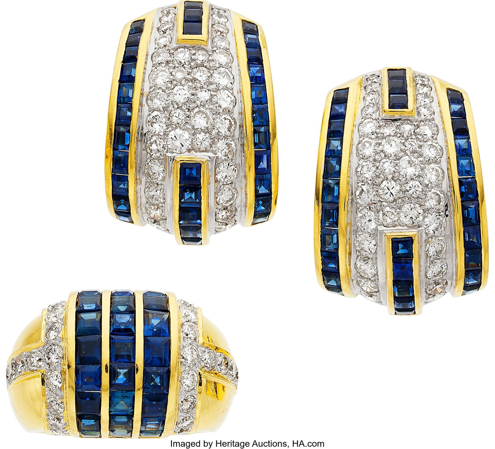 Sapphire, Diamond, Gold Jewelry Suite Stones: S: Sapphire, Diamond, Gold Jewelry Suite Stones: Square, rectangular, and calibré-cut sapphires weighing a total of approximately 6.50 carats; full-cut di