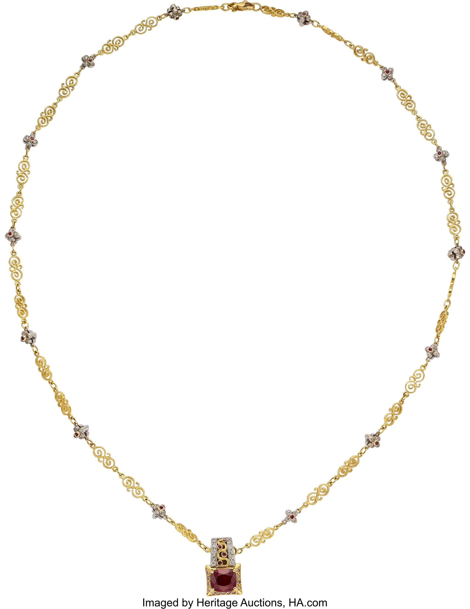 Lily Bieling Burma Ruby, Colored Diamond, Diamo: Lily Bieling Burma Ruby, Colored Diamond, Diamond, Platinum, Gold Pendant-Necklace Stones: Cushion-shaped ruby weighing 3.03 carats; full-cut colored and near
