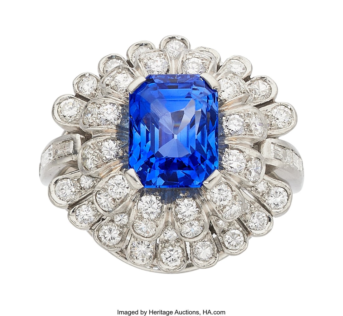 Ceylon Sapphire, Diamond, Platinum Ring Stones: Ceylon Sapphire, Diamond, Platinum Ring Stones: Octagonal-shaped sapphire weighing approximately 4.00 carats; full and single-cut diamonds weighing a total of approximate
