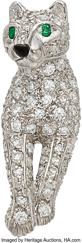 Cartier Diamond, Emerald, White Gold Tie Tack,: Cartier Diamond, Emerald, White Gold Tie Tack, French Stones: Full-cut diamonds weighing a total of approximately 0.65 carat; round-shaped emeralds Metal: Pla