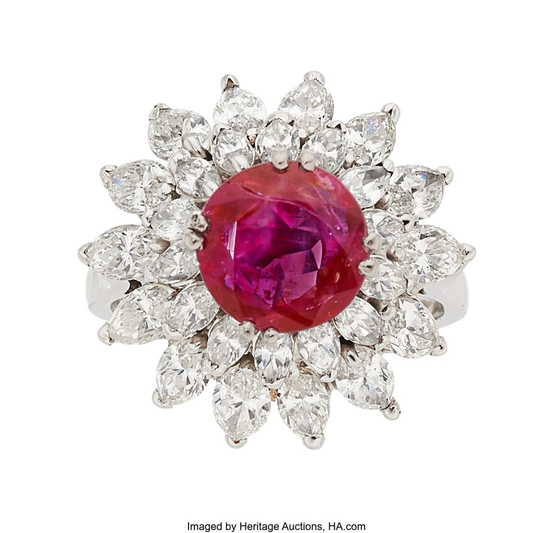Burma Ruby, Diamond, White Gold Ring Stones: Ro: Burma Ruby, Diamond, White Gold Ring Stones: Round-shaped ruby weighing approximately 1.50 carats; marquise-shaped diamonds weighing a total of approximately 2.25