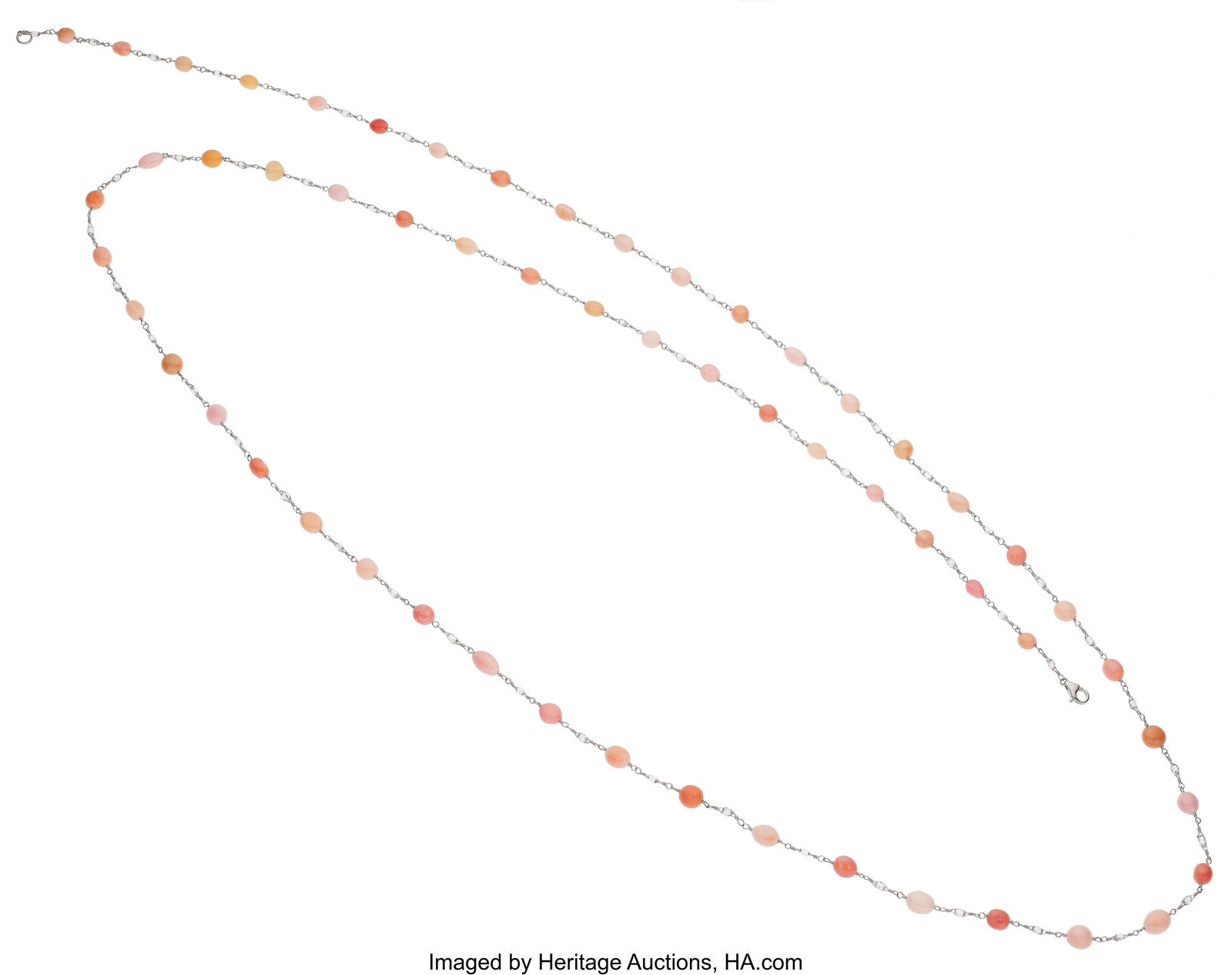 Conch Pearl, Diamond, Platinum Necklace Stones: Conch Pearl, Diamond, Platinum Necklace Stones: Diamond briolettes Pearls: Conch pearls measuring 4.00 mm - 5.50 mm Metal: Platinum Gross Weight: 14&p