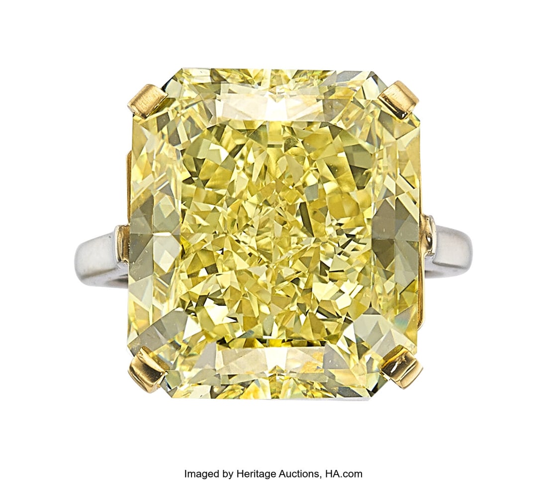 Cartier Fancy Intense Yellow Diamond, Platinum,: Cartier Fancy Intense Yellow Diamond, Platinum, Gold Ring Stones: Cut-cornered rectangular modified brilliant-cut fancy intense yellow diamond weighing 20.03 carats Metal&colo