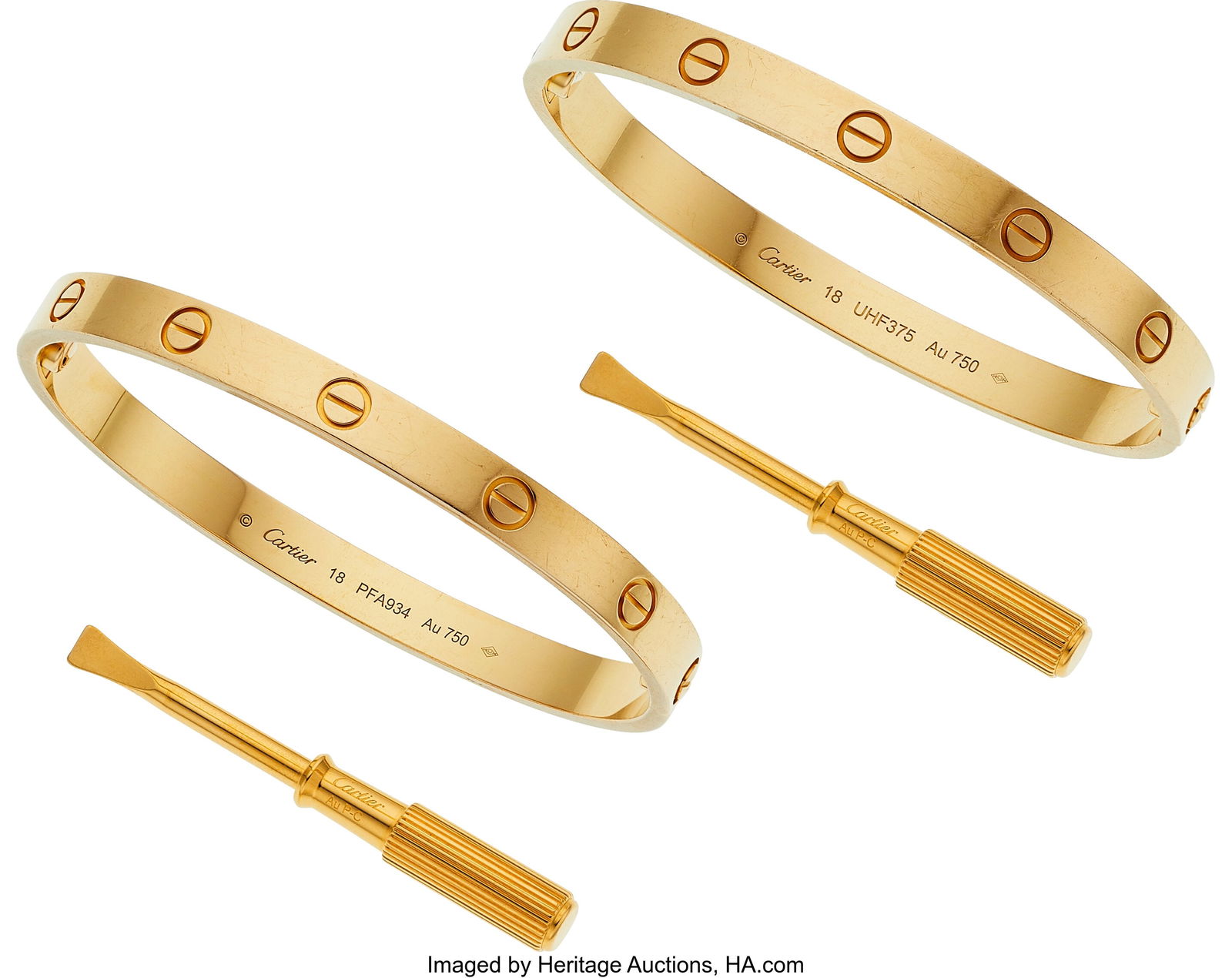 Cartier, Gold Bracelets Metal: 18k yellow gold: Cartier, Gold Bracelets Metal: 18k yellow gold Marked: Cartier Collection: LOVE Gross Weight: 68.10 grams Dimensions: 6-3/4 inches x 1/4 inch HID0310