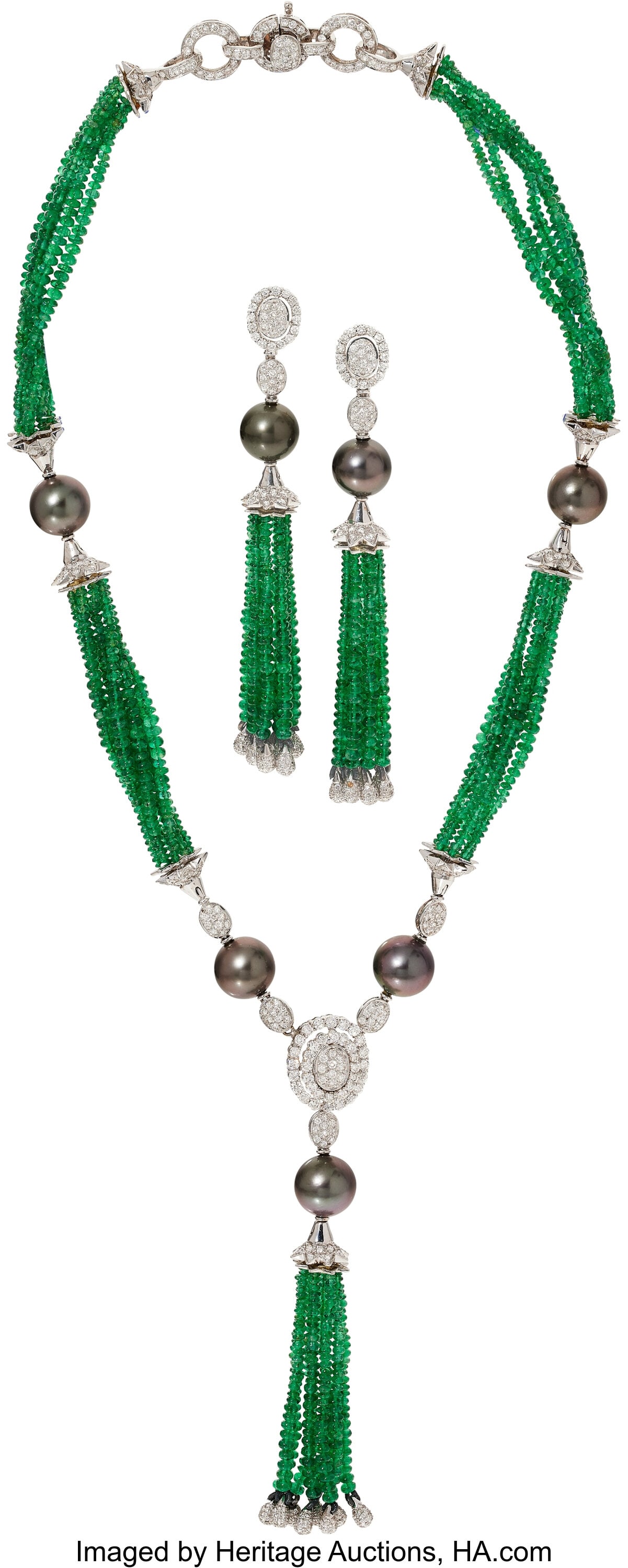 South Sea Cultured Pearl, Diamond, Emerald, Whi: South Sea Cultured Pearl, Diamond, Emerald, White Gold Jewelry Suite Stones: Full-cut diamonds weighing a total of approximately 8.00 carats; emerald beads Pearls&c