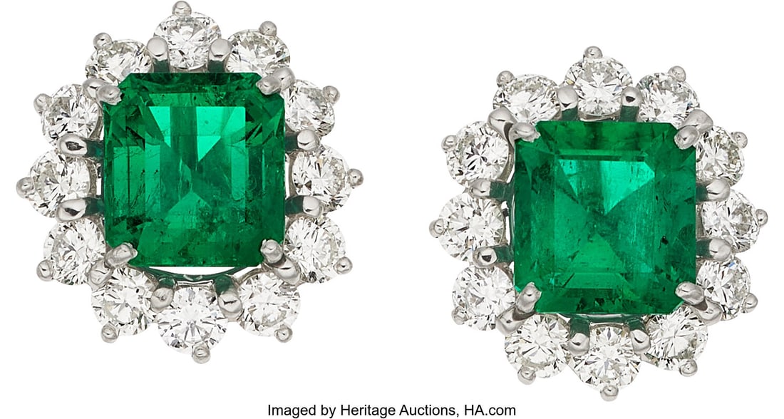 Colombian Emerald, Diamond, Platinum, Gold Earri: Colombian Emerald, Diamond, Platinum, Gold Earrings Stones: Octagonal-shaped emeralds weighing a total of approximately 4.65 carats; full-cut diamonds weighing a to