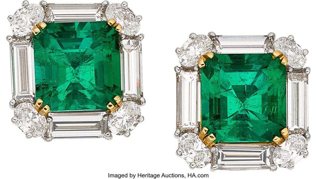 Colombian Emerald, Diamond, Platinum, Gold Earri: Colombian Emerald, Diamond, Platinum, Gold Earrings Stones: Emerald-cut emeralds weighing a total of approximately 7.20 carats; baguette-cut diamonds weighing a tot