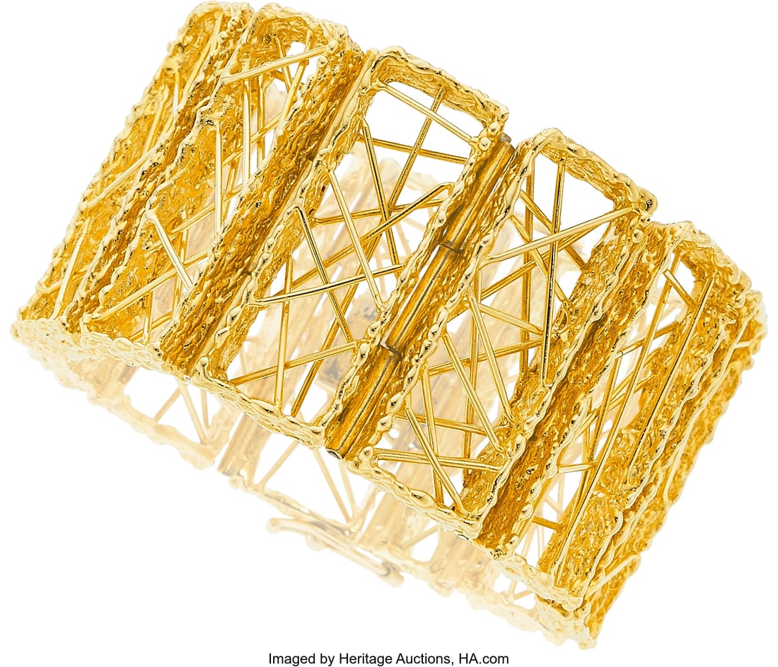 Anthony Kim Gold Bracelet, circa 1969 Metal: 18: Anthony Kim Gold Bracelet, circa 1969 Metal: 18k gold Marked: Anthony Kim Weight: 115.60 grams Dimensions: 6-1/4 inches x 1-5/8 inches HID03101062020 ©