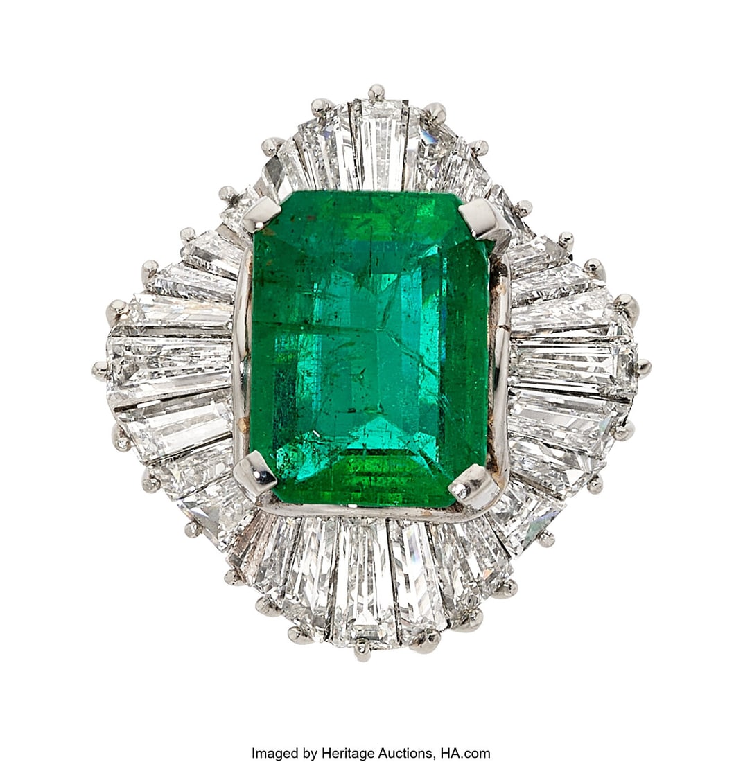 Zambian Emerald, Diamond, Platinum, Palladium Ri: Zambian Emerald, Diamond, Platinum, Palladium Ring Stones: Octagonal-shaped emerald weighing approximately 6.02 carats; baguette-shaped diamonds weighing a total of