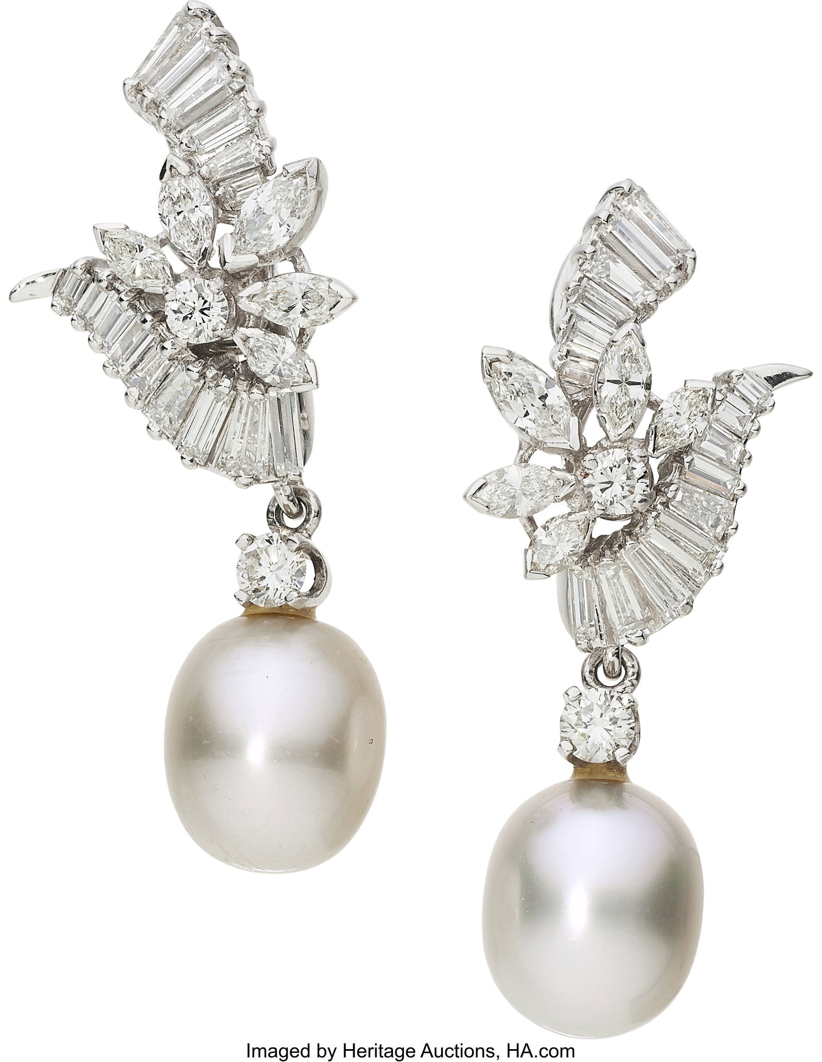 Cultured Pearl, Diamond, Platinum Convertible E: Cultured Pearl, Diamond, Platinum Convertible Earrings Stones: Baguette-cut diamonds weighing a total of approximately 2.00 carats; marquise-shaped diamonds weighing a to