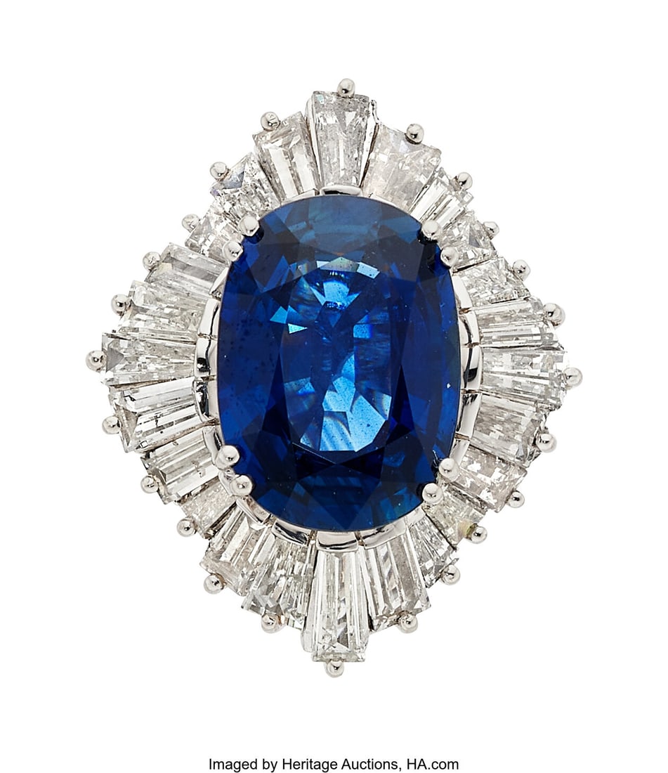 Sapphire, Diamond, Platinum Ring Stones: Oval-s: Sapphire, Diamond, Platinum Ring Stones: Oval-shaped sapphire weighing 8.30 carats; baguette-cut diamonds weighing a total of 3.12 carats Metal: Platinum Gro