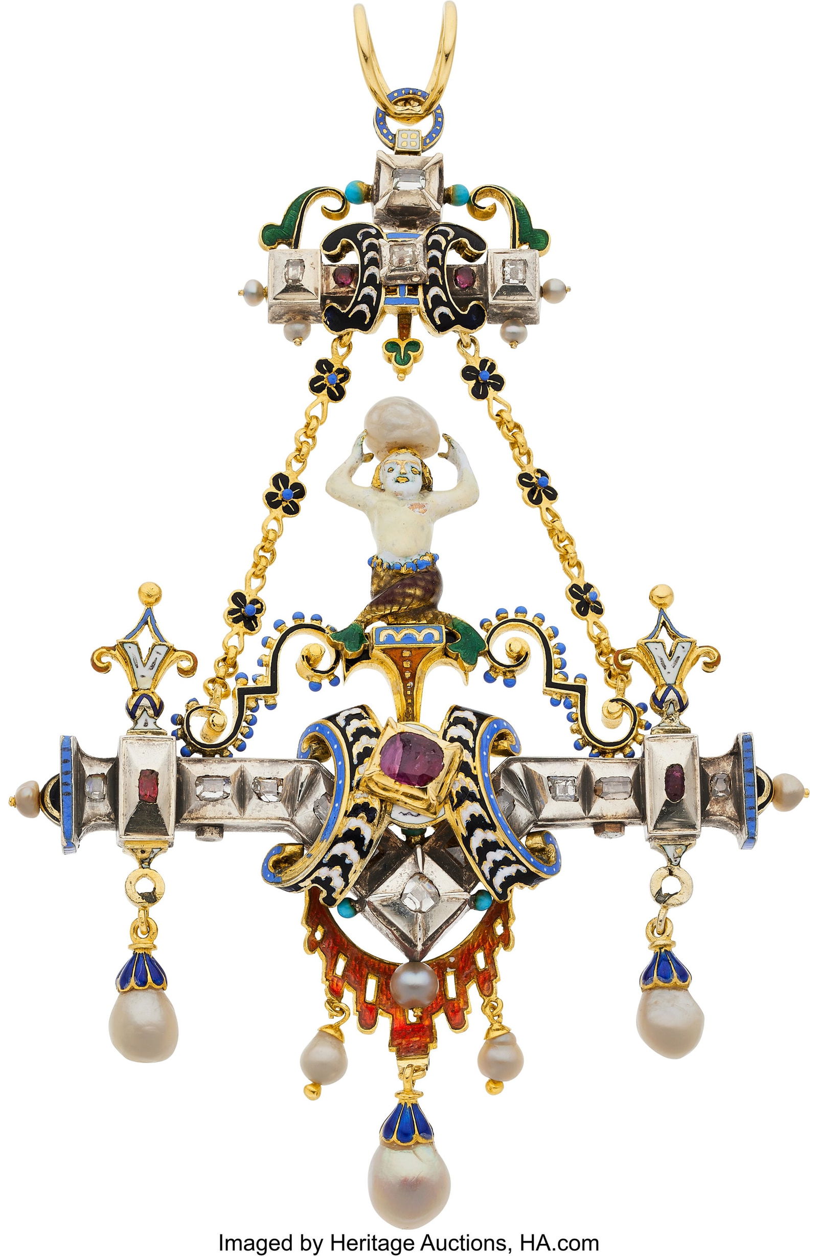Renaissance Revival Multi-Stone, Diamond, Cultu: Renaissance Revival Multi-Stone, Diamond, Cultured Pearl, Enamel, Gold, Silver Pendant Stones: Table-cut diamonds with foil backings; oval-shaped rubies with f