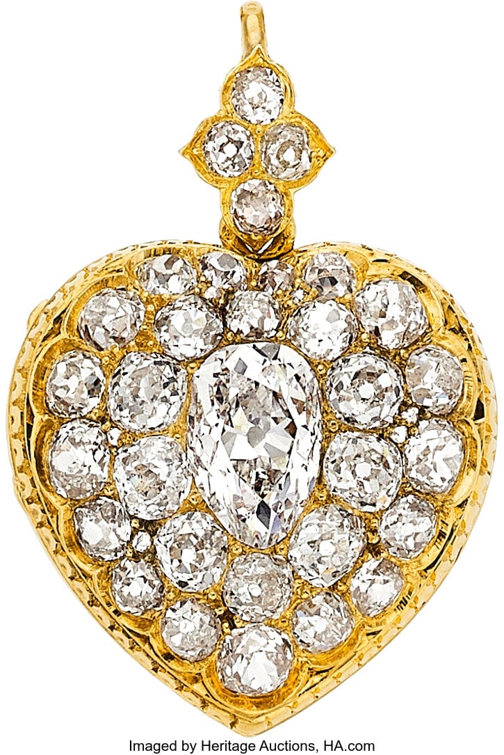 Victorian Diamond, Gold Pendant-Locket Stones: Victorian Diamond, Gold Pendant-Locket Stones: Pear-shaped diamond weighing approximately 2.00 carats; mine-cut diamonds weighing a total of approximately 4.25 carats Me