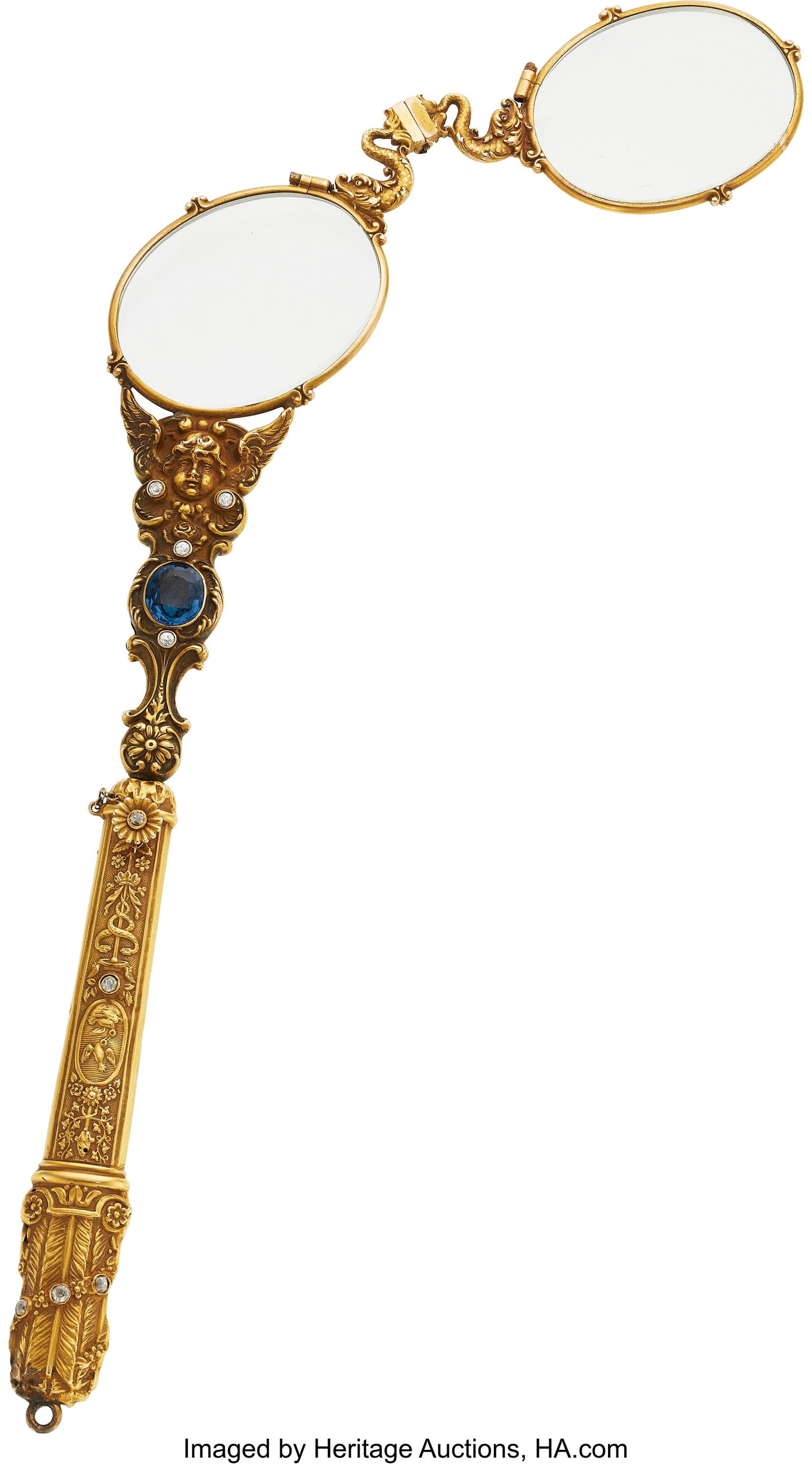 Victorian Multi-Stone, Diamond, Glass, Gold Lorg: Victorian Multi-Stone, Diamond, Glass, Gold Lorgnette Stones: Oval-shaped sapphire and aquamarine; opal cabochons; mine-cut diamonds weighing a total of approximately