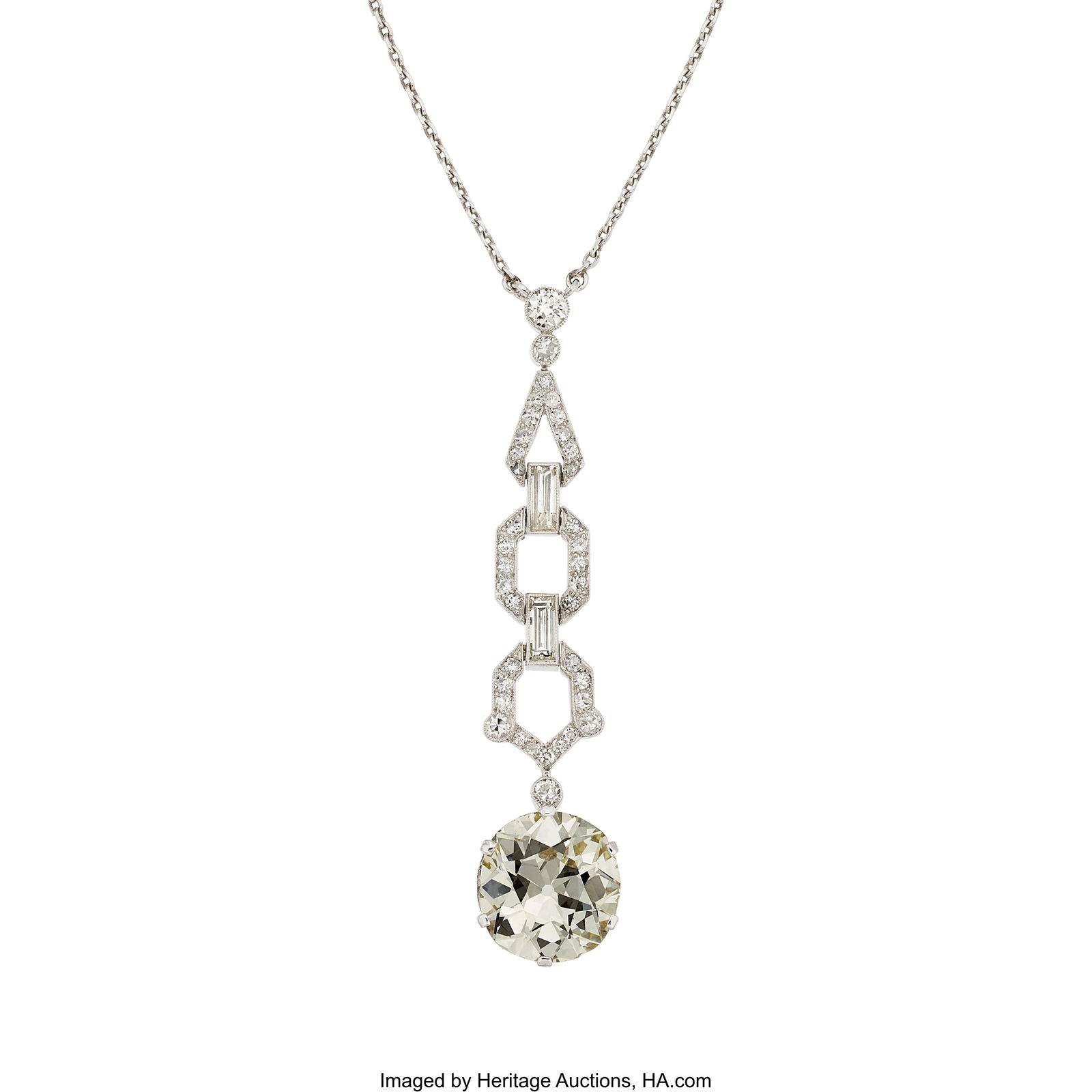 Art Deco Diamond, Platinum Necklace Stones: Min: Art Deco Diamond, Platinum Necklace Stones: Mine-cut diamond weighing 4.77 carats; transitional-cut diamonds weighing a total of approximately 0.20 carat; baguette-