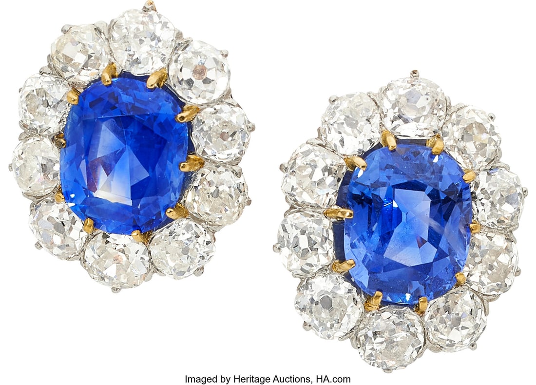 Ceylon Sapphire, Diamond, Platinum, Gold Earring: Ceylon Sapphire, Diamond, Platinum, Gold Earrings Stones: Oval-shaped sapphires weighing a total of 8.29 carats; mine-cut diamonds weighing a total of approximately