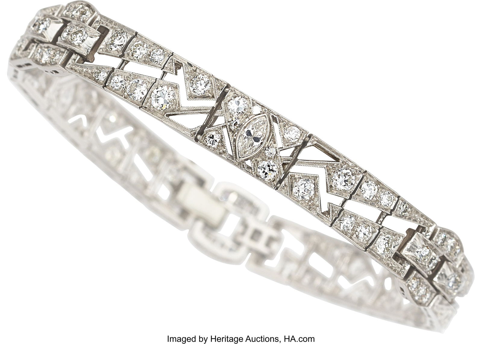 Art Deco Diamond, Platinum Bracelet Stones: Tr: Art Deco Diamond, Platinum Bracelet Stones: Transitional-cut diamonds weighing a total of approximately 3.30 carats; marquise-shaped diamonds weighing a total of approximately