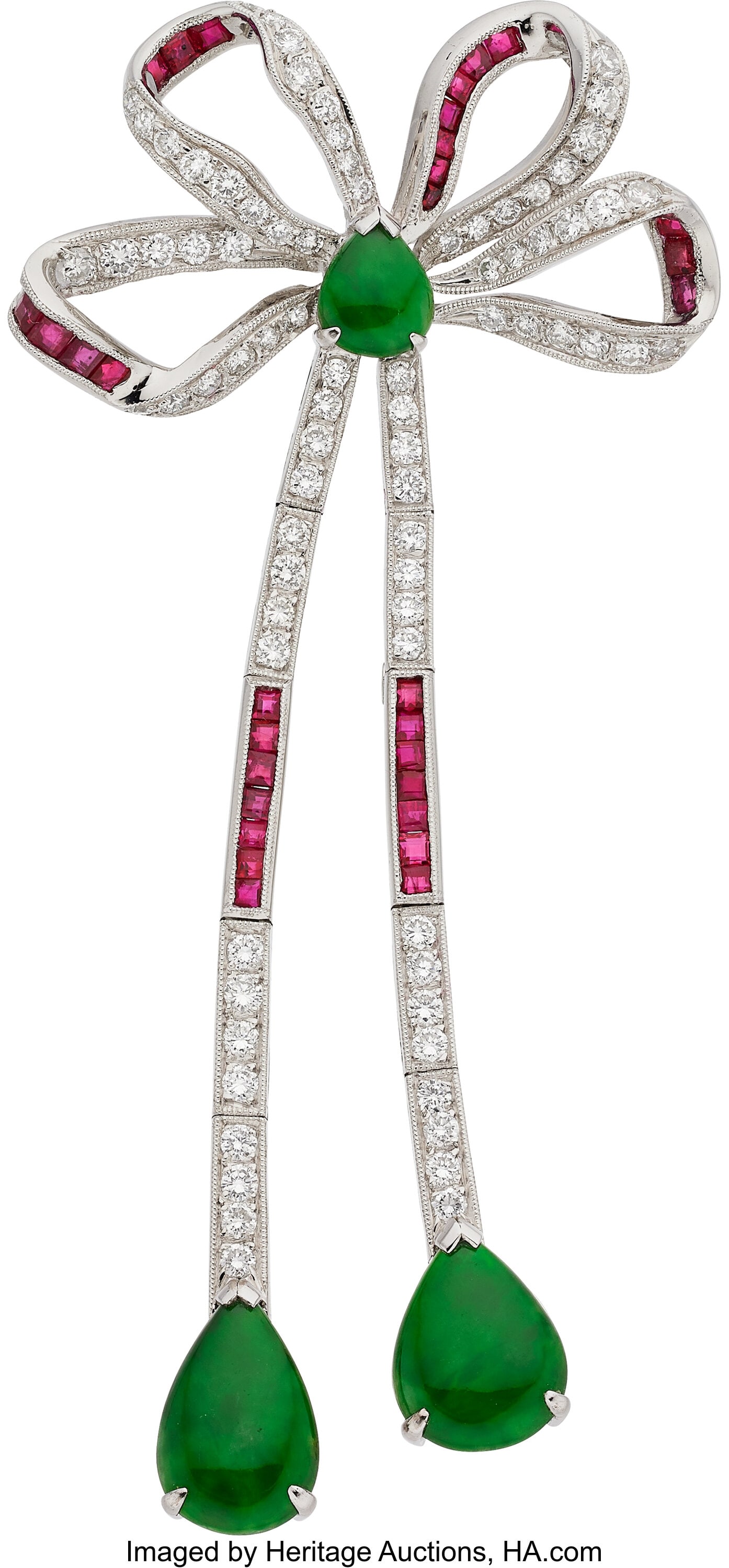 Burma Jadeite Jade, Diamond, Ruby, White Gold B: Burma Jadeite Jade, Diamond, Ruby, White Gold Brooch Stones: Pear-shaped hollow back jadeite jade cabochons; square-shaped rubies weighing a total of approximately 1&perio