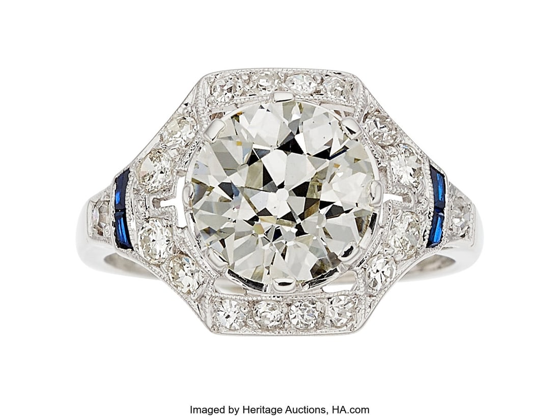 Art Deco Diamond, Synthetic Sapphire, White Gol: Art Deco Diamond, Synthetic Sapphire, White Gold Ring Stones: European-cut diamond weighing 2.42 carats; transitional and single-cut diamonds weighing a total of approxim