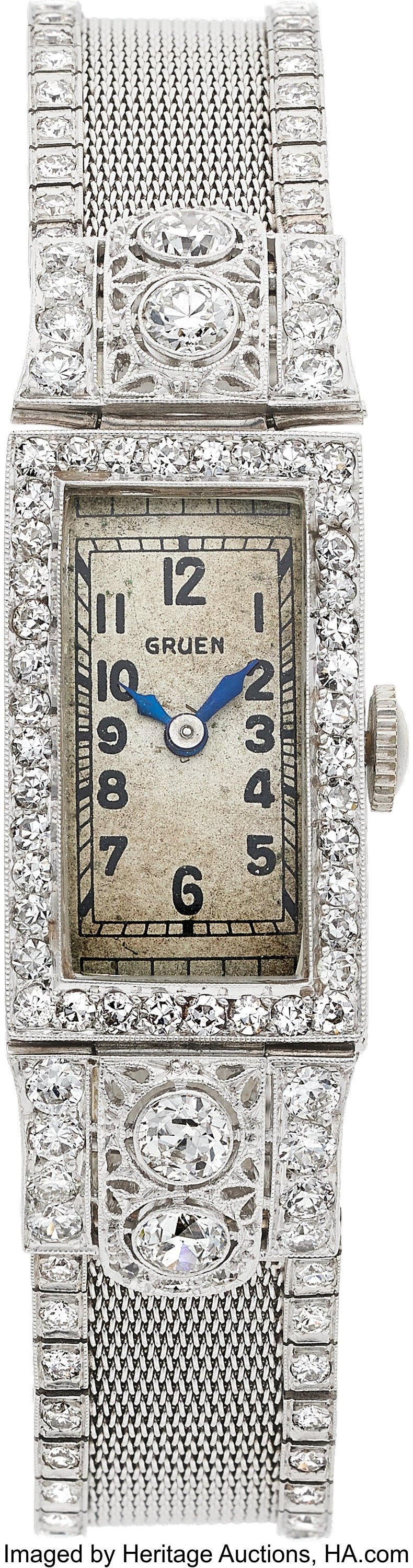 Art Deco Gruen Diamond, Platinum Precision Watch: Art Deco Gruen Diamond, Platinum Precision Watch Case: 24 x 14 mm, rectangle, platinum, hinged snapback, diamond-set bezel, domed mineral crystal Dial: