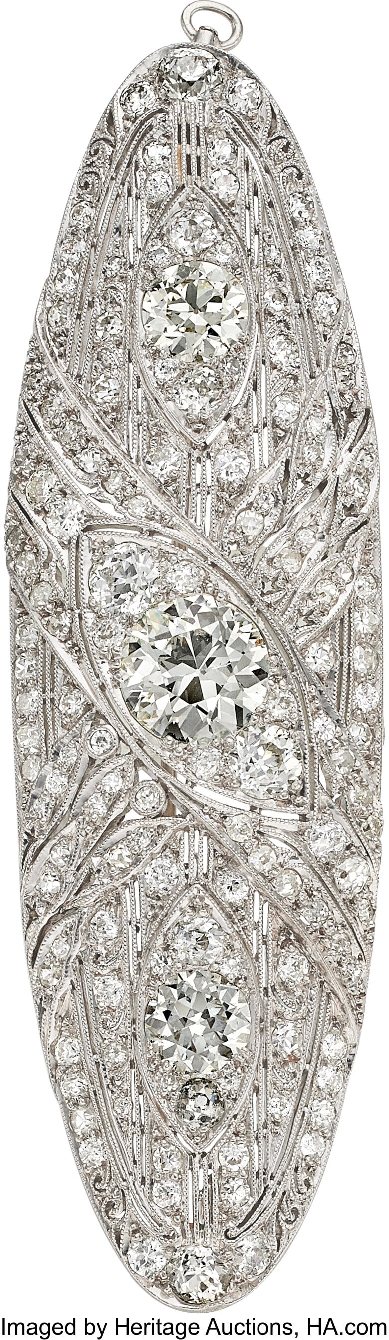 Art Deco Diamond, Platinum, White Gold Pendant-: Art Deco Diamond, Platinum, White Gold Pendant-Brooch Stones: Transitional-cut diamond weighing approximately 2.30 carats; transitional-cut diamonds weighing a total of a