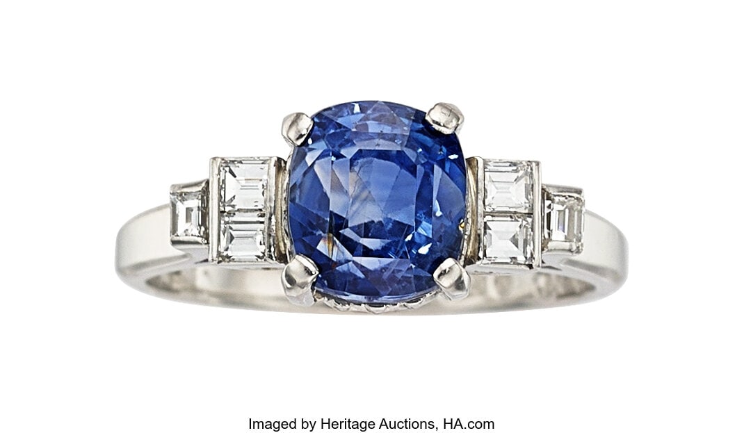 Art Deco Kashmir Sapphire, Diamond, Platinum, P: Art Deco Kashmir Sapphire, Diamond, Platinum, Palladium Ring Stones: Cushion-shaped sapphire weighing 3.83 carats; baguette-cut diamonds weighing a total of 0&perio