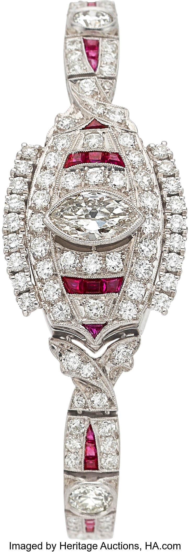 Lesse & Sons Art Deco Diamond, Ruby, Platinum C: Lesse & Sons Art Deco Diamond, Ruby, Platinum Covered Dial Watch Case: 26 x 19 mm, tonneau, platinum, hinged snapback, diamond and ruby-set covered dial&c