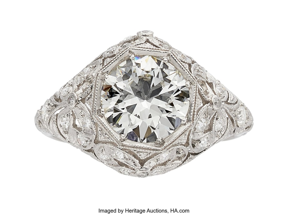 Art Deco Diamond, Platinum Ring Stones: Round b: Art Deco Diamond, Platinum Ring Stones: Round brilliant-cut diamond weighing 1.97 carats; single-cut diamonds weighing a total of approximately 0.30 carat; transiti