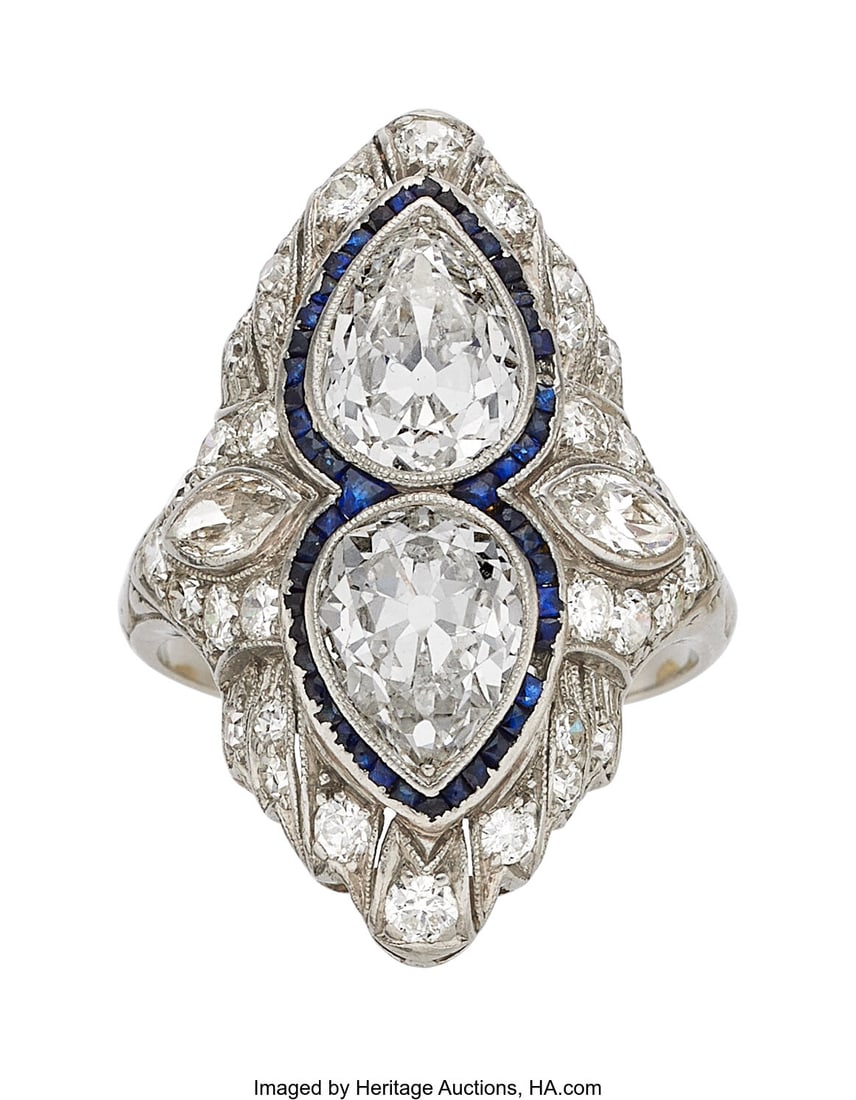Art Deco Diamond, Sapphire, Platinum Ring Stone: Art Deco Diamond, Sapphire, Platinum Ring Stones: Pear-shaped diamonds weighing a total of approximately 2.60 carats; transitional and single-cut diamonds weighing a tota