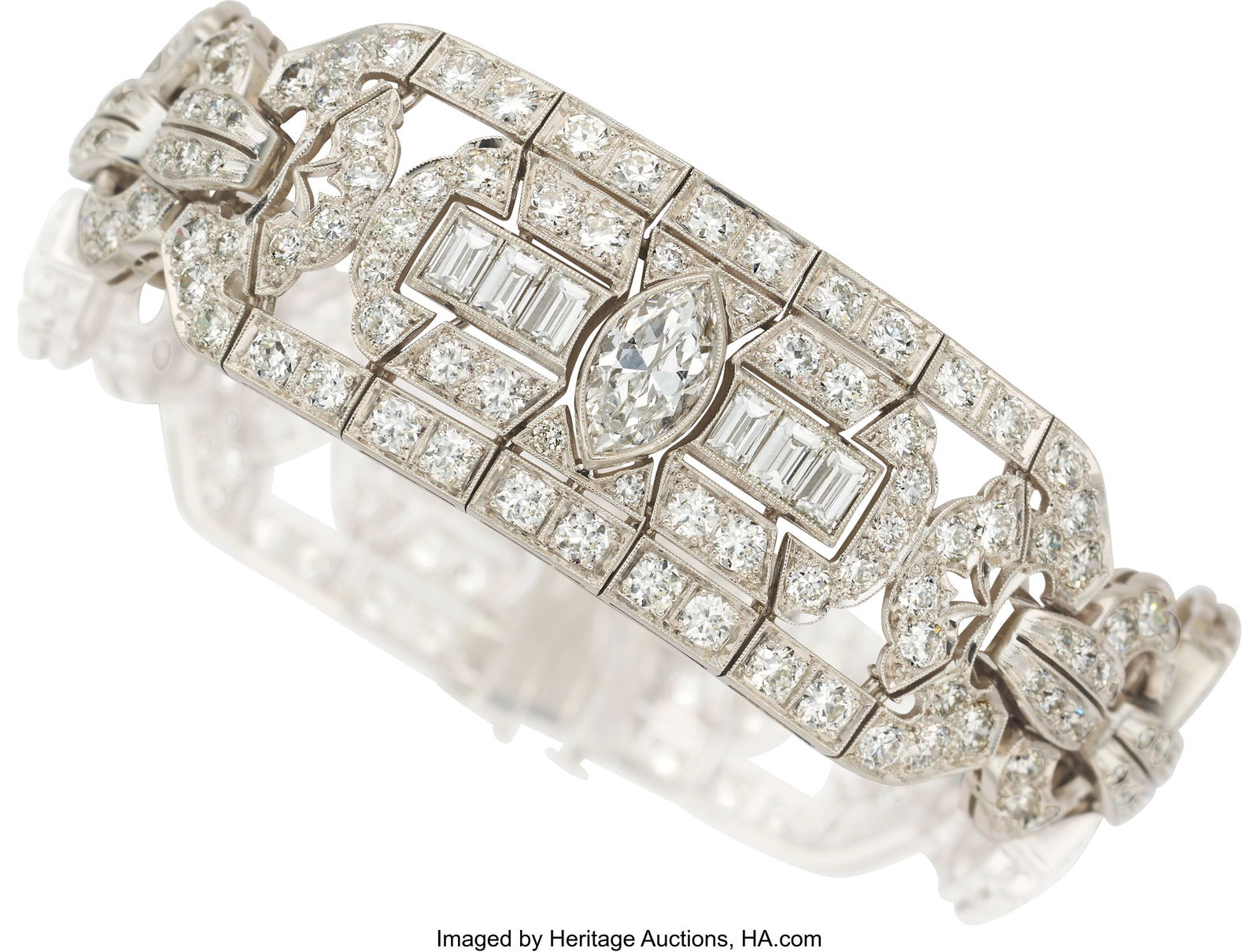 Art Deco Diamond, Platinum Bracelet Stones: Tra: Art Deco Diamond, Platinum Bracelet Stones: Transitional and European-cut diamonds weighing a total of approximately 11.00 carats; baguette-cut diamonds weighing a total of app