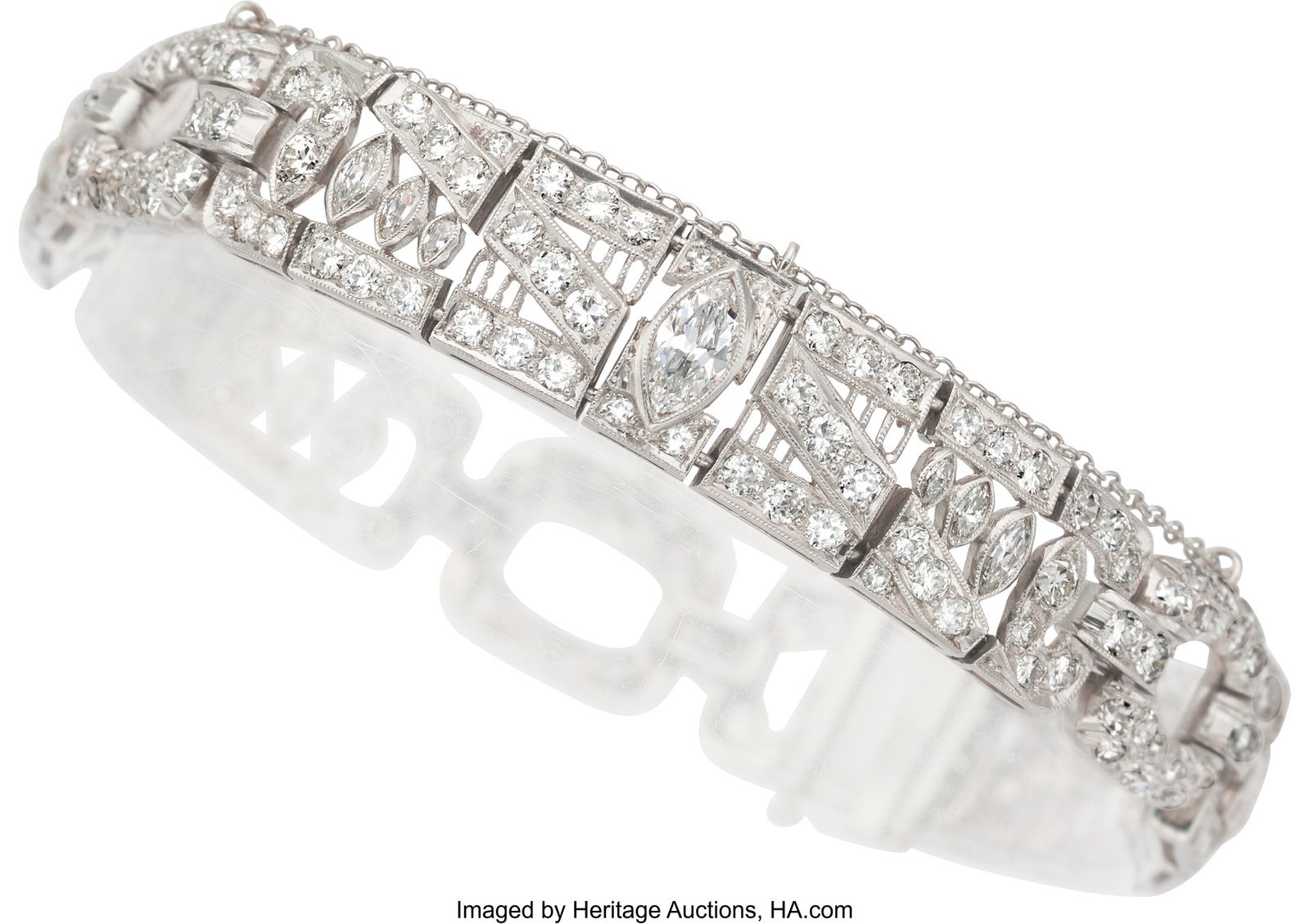 Art Deco Diamond, Platinum Bracelet Stones: Mar: Art Deco Diamond, Platinum Bracelet Stones: Marquise-shaped diamonds weighing a total of approximately 1.75 carats; European and transitional-cut diamonds weighing a total of a