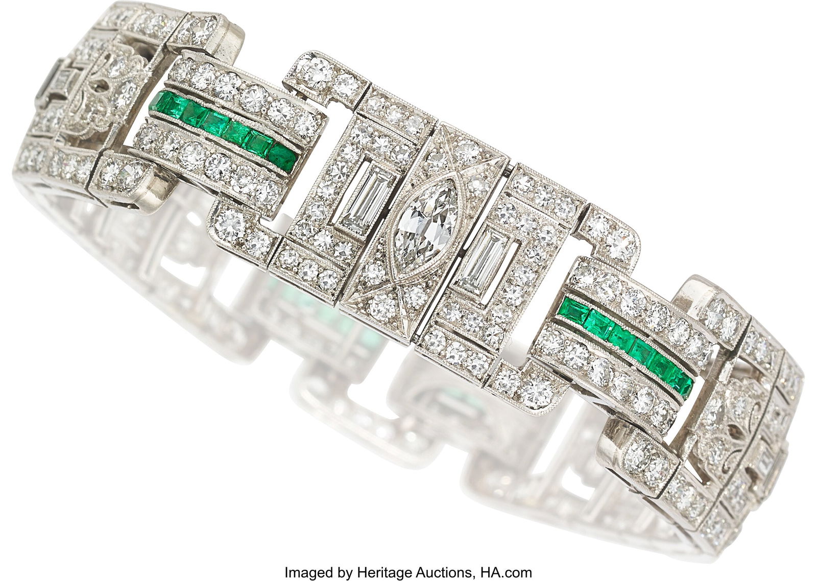 Lechenger Art Deco Diamond, Emerald, Platinum B: Lechenger Art Deco Diamond, Emerald, Platinum Bracelet Stones: Transitional, European, and single-cut diamonds weighing a total of approximately 6.25 carats;