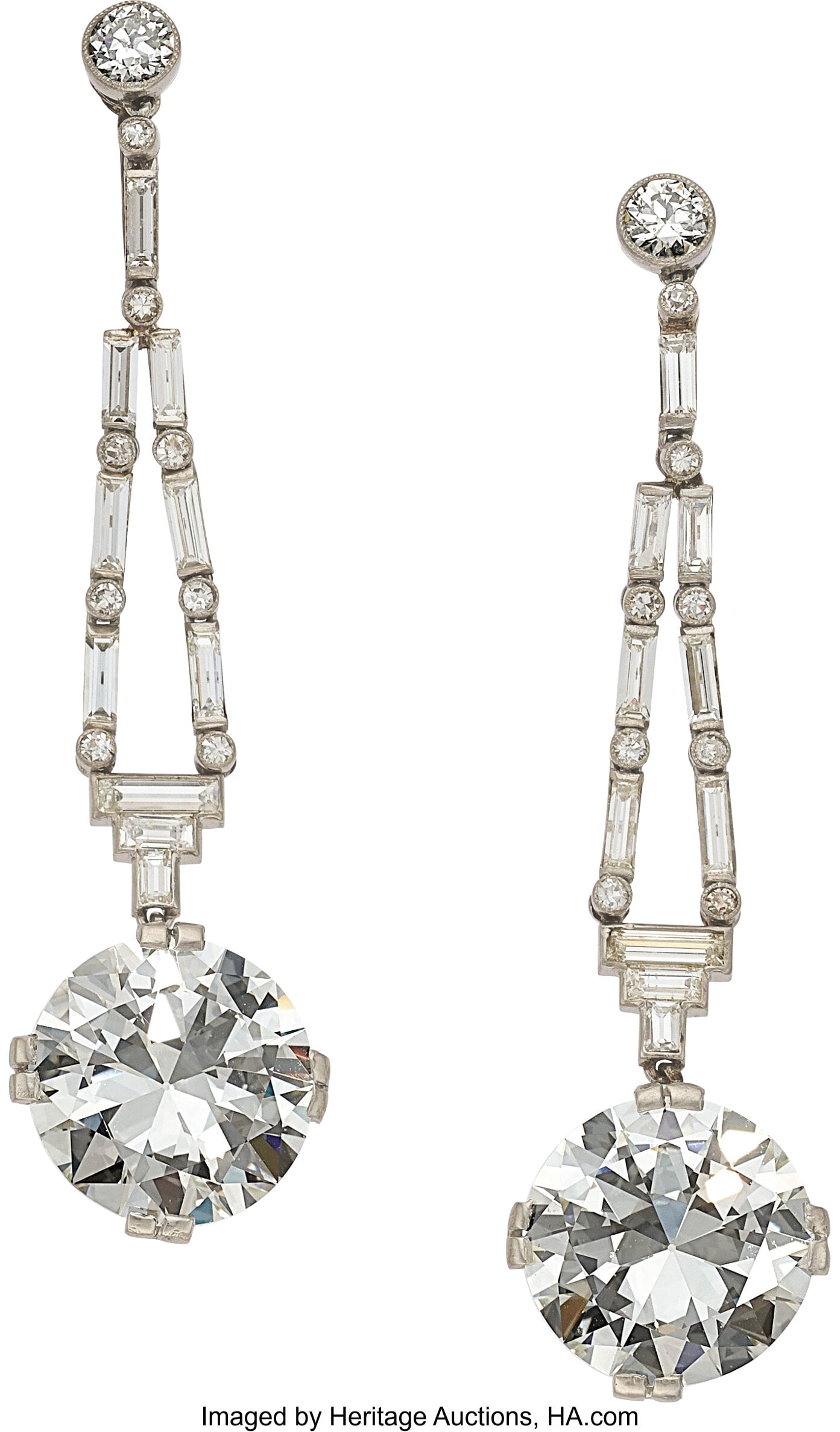 Art Deco Diamond, Platinum, Gold Earrings Stone: Art Deco Diamond, Platinum, Gold Earrings Stones: Round brilliant-cut diamonds weighing a total of 10.24 carats; baguette, full, and single-cut diamonds weigh