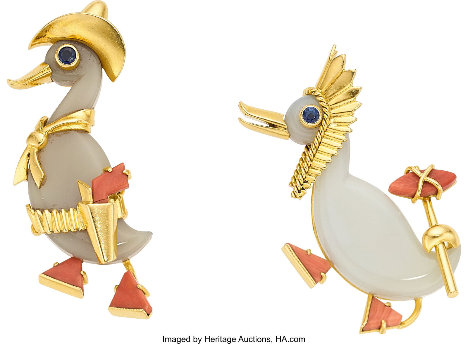 Cartier Coral, Sapphire, Chalcedony, Gold Brooch: Cartier Coral, Sapphire, Chalcedony, Gold Brooches, French, circa 1952 Stones: Carved coral; round-shaped sapphires weighing a total of approximately 0.