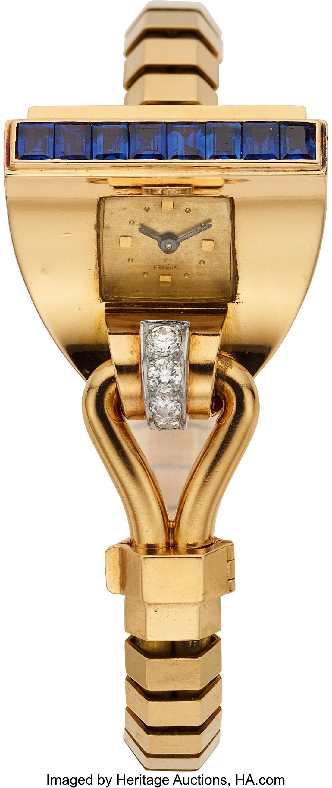 Verger Frères Retro Diamond, Synthetic Sapphire: Verger Frères Retro Diamond, Synthetic Sapphire, Gold, Platinum Watch Case: 28 x 26, triangular, back secured by 3 screws, 22, 1812 Dial: G