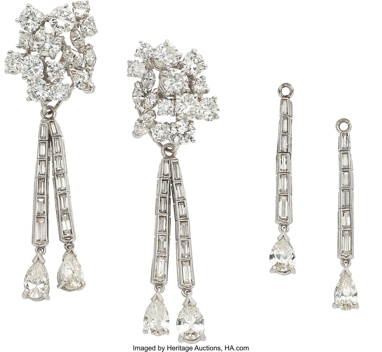 Diamond, Platinum, Palladium, White Gold Convert: Diamond, Platinum, Palladium, White Gold Convertible Earrings Stones: Pear-shaped diamonds weighing a total of approximately 4.00 carats; full-cut diamonds weighing