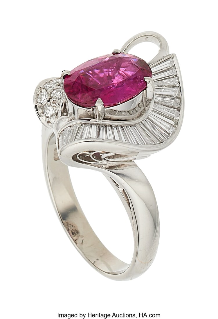 Ruby, Diamond, Platinum Ring Stones: Oval-shape - 2
