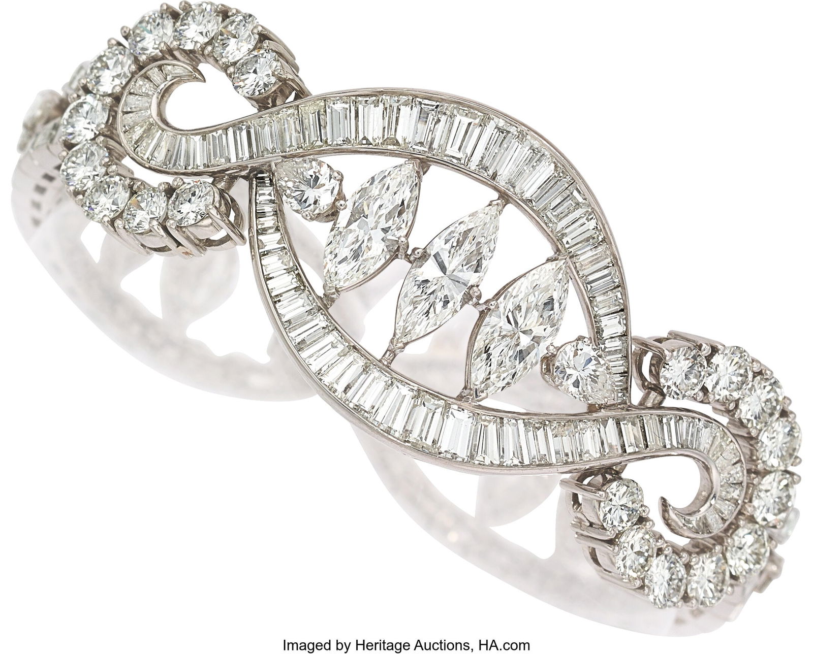 Diamond, Platinum Bracelet Stones: Marquise-sha: Diamond, Platinum Bracelet Stones: Marquise-shaped diamonds weighing a total of approximately 5.00 carats; baguette-cut diamonds weighing a total of 10.00 carats; f